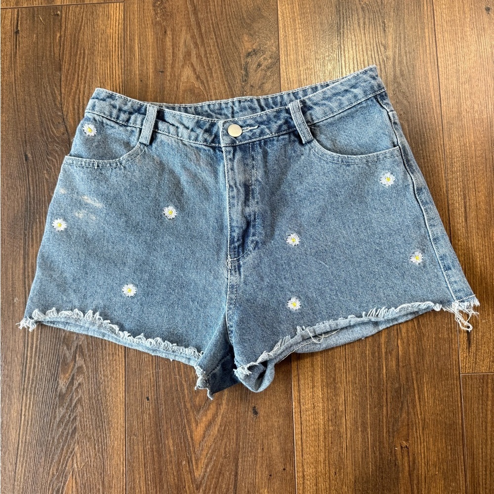 Altar'd State Blue Daisy Embroidered Denim Shorts